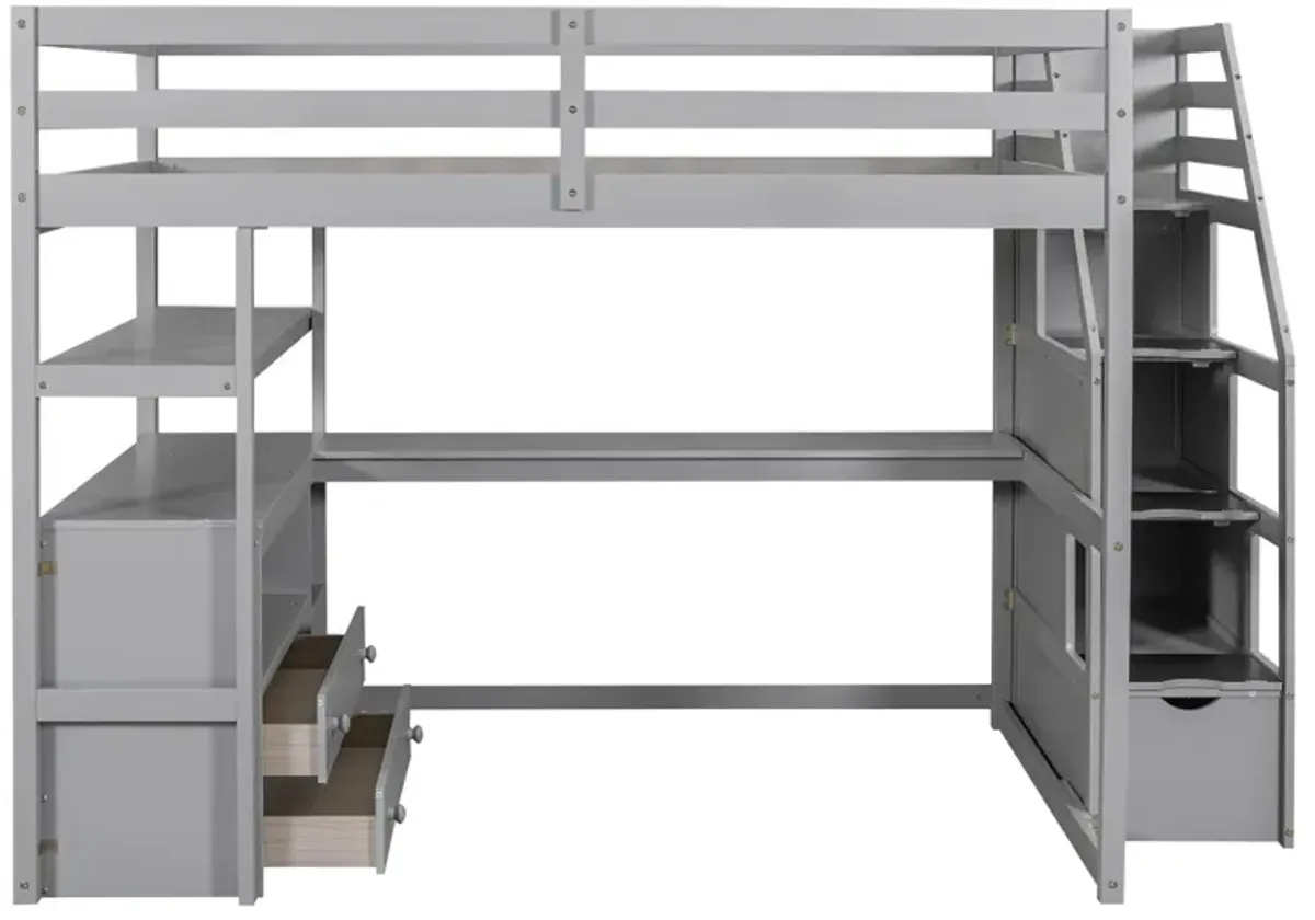 Whisen Full Size Wood Loft Bed with Desk, Shelves, Two Built-in Drawers and Storage Staircase - White
