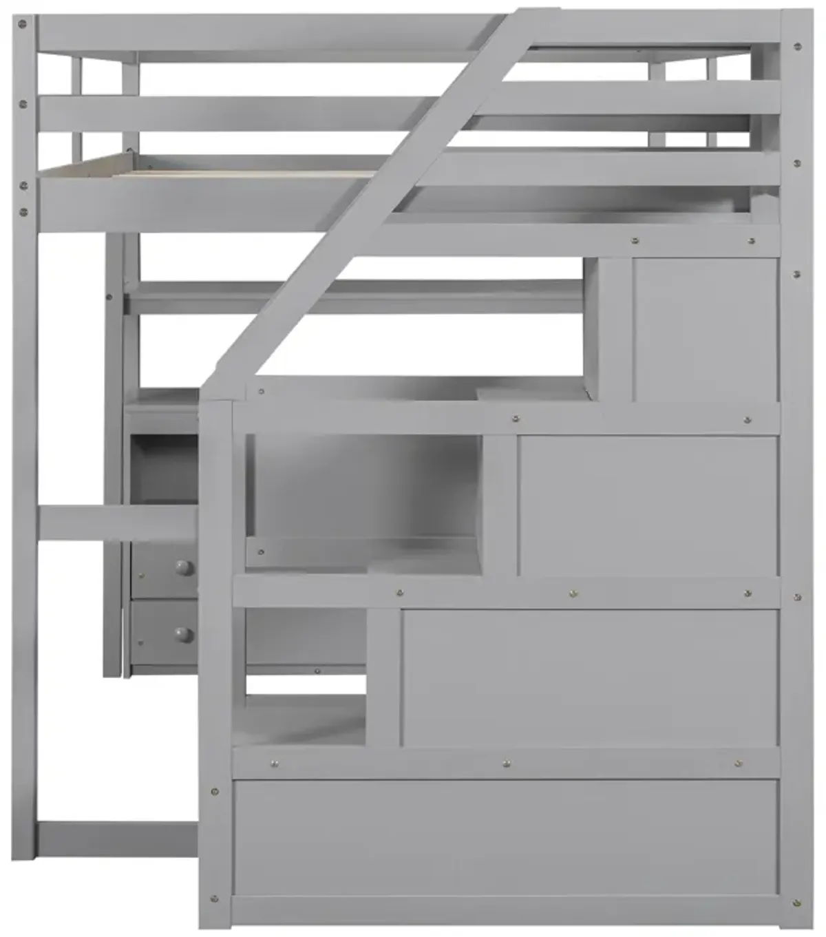 Whisen Full Size Wood Loft Bed with Desk, Shelves, Two Built-in Drawers and Storage Staircase - White