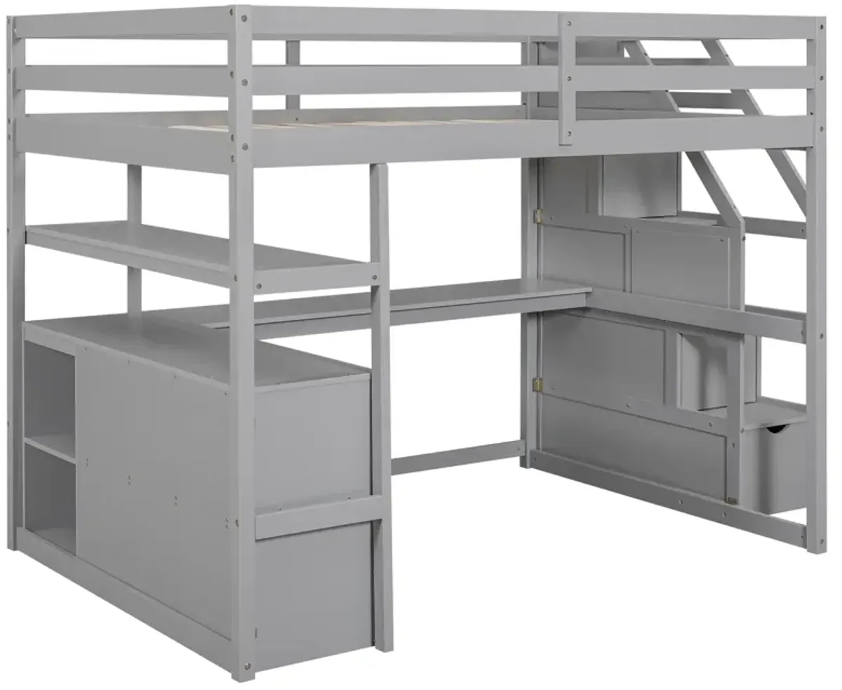Whisen Full Size Wood Loft Bed with Desk, Shelves, Two Built-in Drawers and Storage Staircase - White