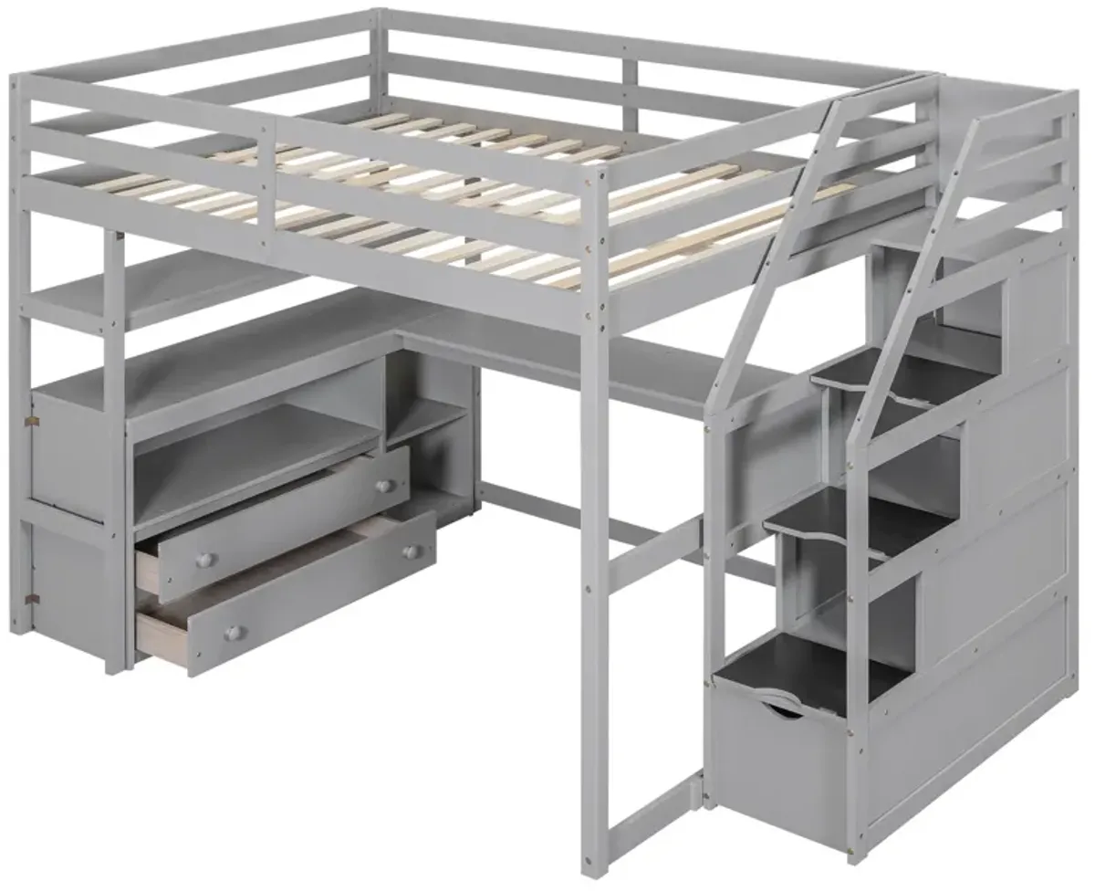 Whisen Full Size Wood Loft Bed with Desk, Shelves, Two Built-in Drawers and Storage Staircase - White