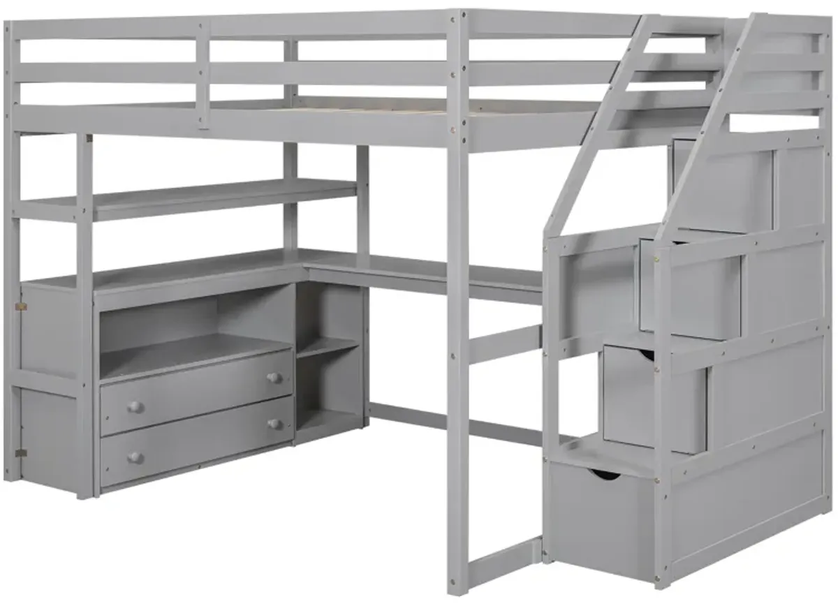 Whisen Full Size Wood Loft Bed with Desk, Shelves, Two Built-in Drawers and Storage Staircase - White