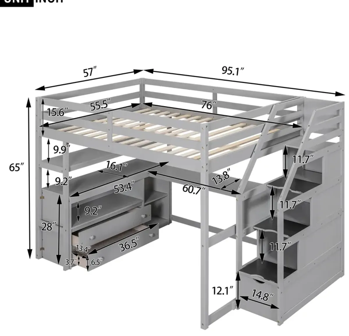 Whisen Full Size Wood Loft Bed with Desk, Shelves, Two Built-in Drawers and Storage Staircase - White