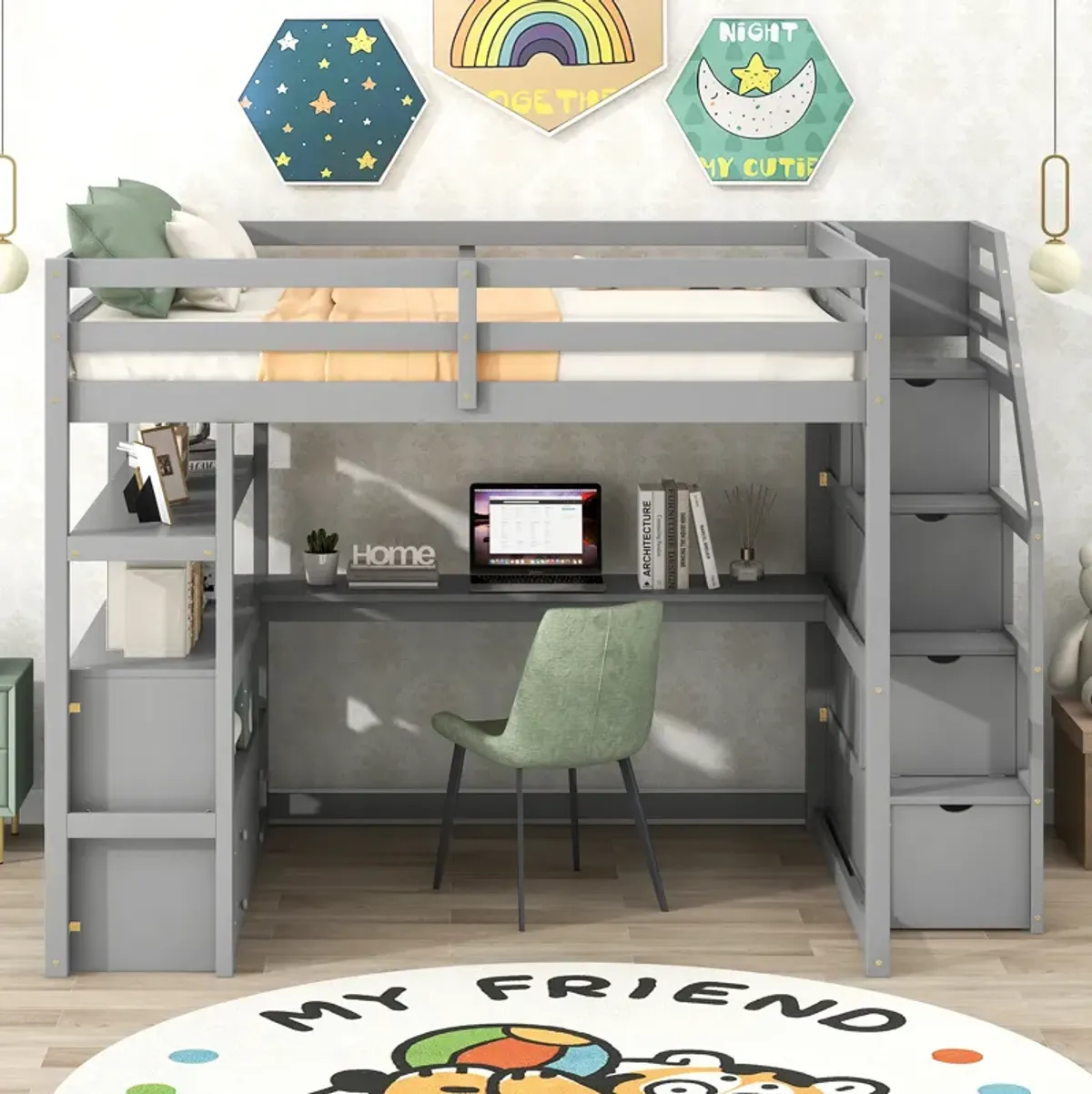 Whisen Full Size Wood Loft Bed with Desk, Shelves, Two Built-in Drawers and Storage Staircase - White