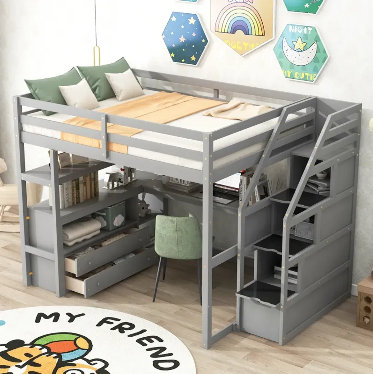Whisen Full Size Wood Loft Bed with Desk, Shelves, Two Built-in Drawers and Storage Staircase - White