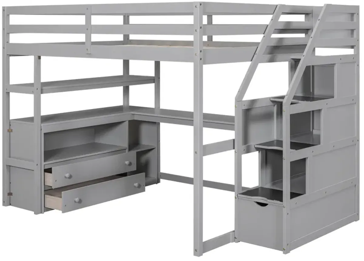 Whisen Full Size Wood Loft Bed with Desk, Shelves, Two Built-in Drawers and Storage Staircase - White
