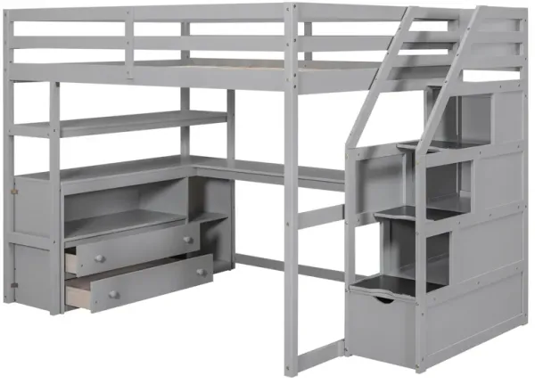 Whisen Full Size Wood Loft Bed with Desk, Shelves, Two Built-in Drawers and Storage Staircase - White