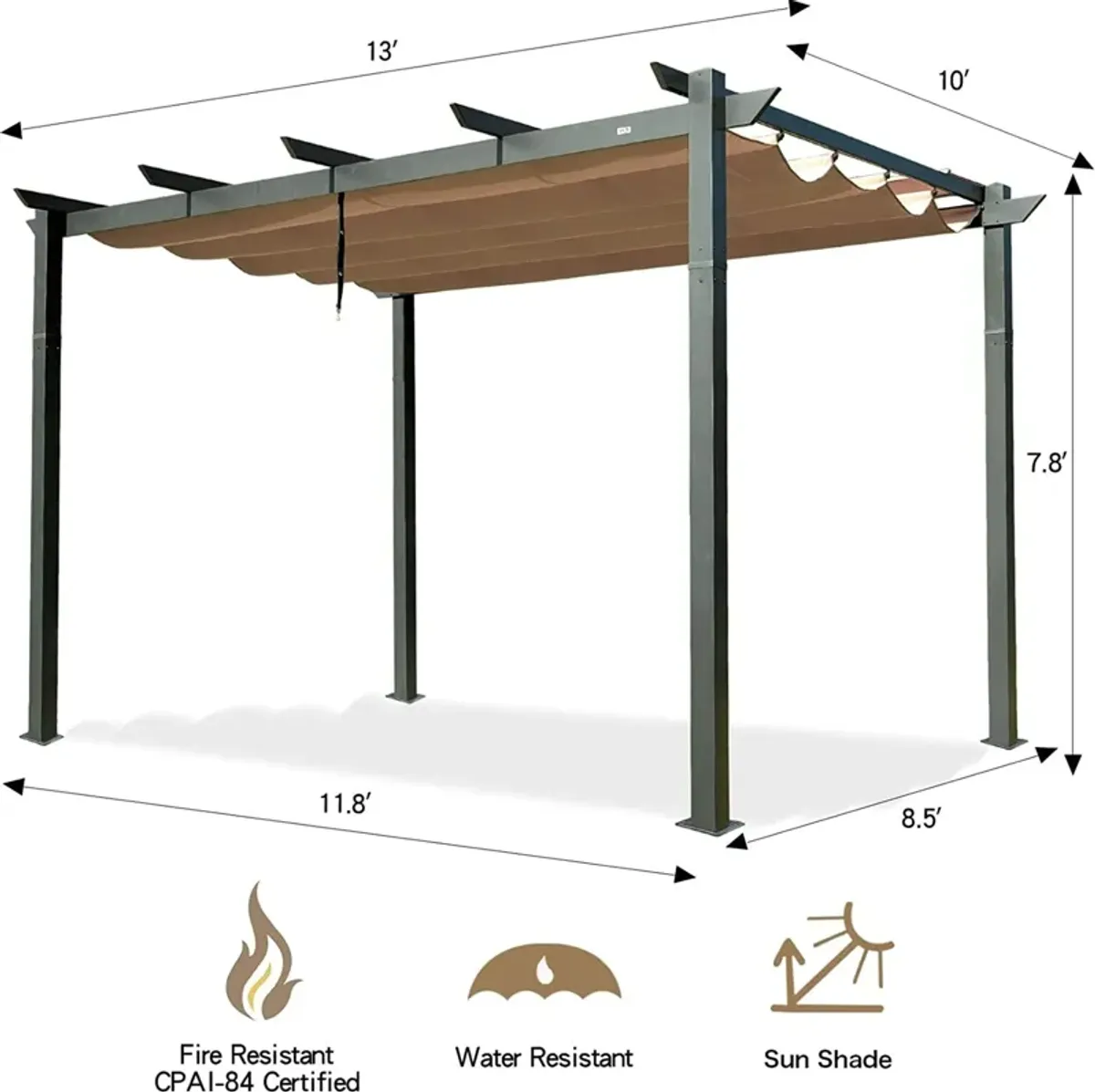 MONDAWE 10 ft. x 13 ft. Dark Gray Polyester Outdoor Patio Gazebo Steel Frame Grape Pergola with Retractable Shade Canopy