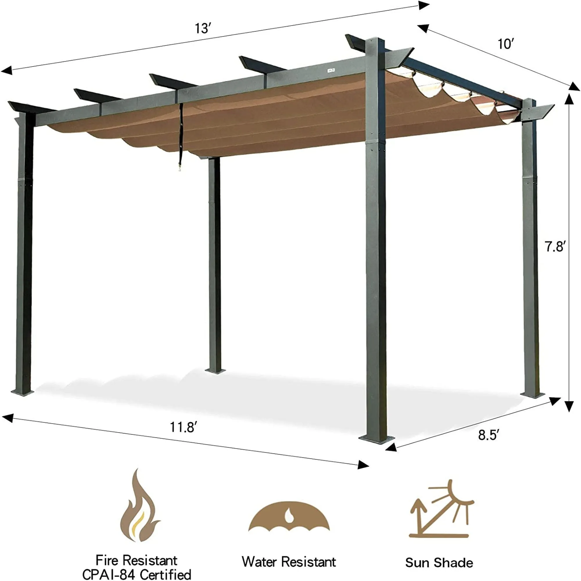 MONDAWE 10 ft. x 13 ft. Dark Gray Polyester Outdoor Patio Gazebo Steel Frame Grape Pergola with Retractable Shade Canopy