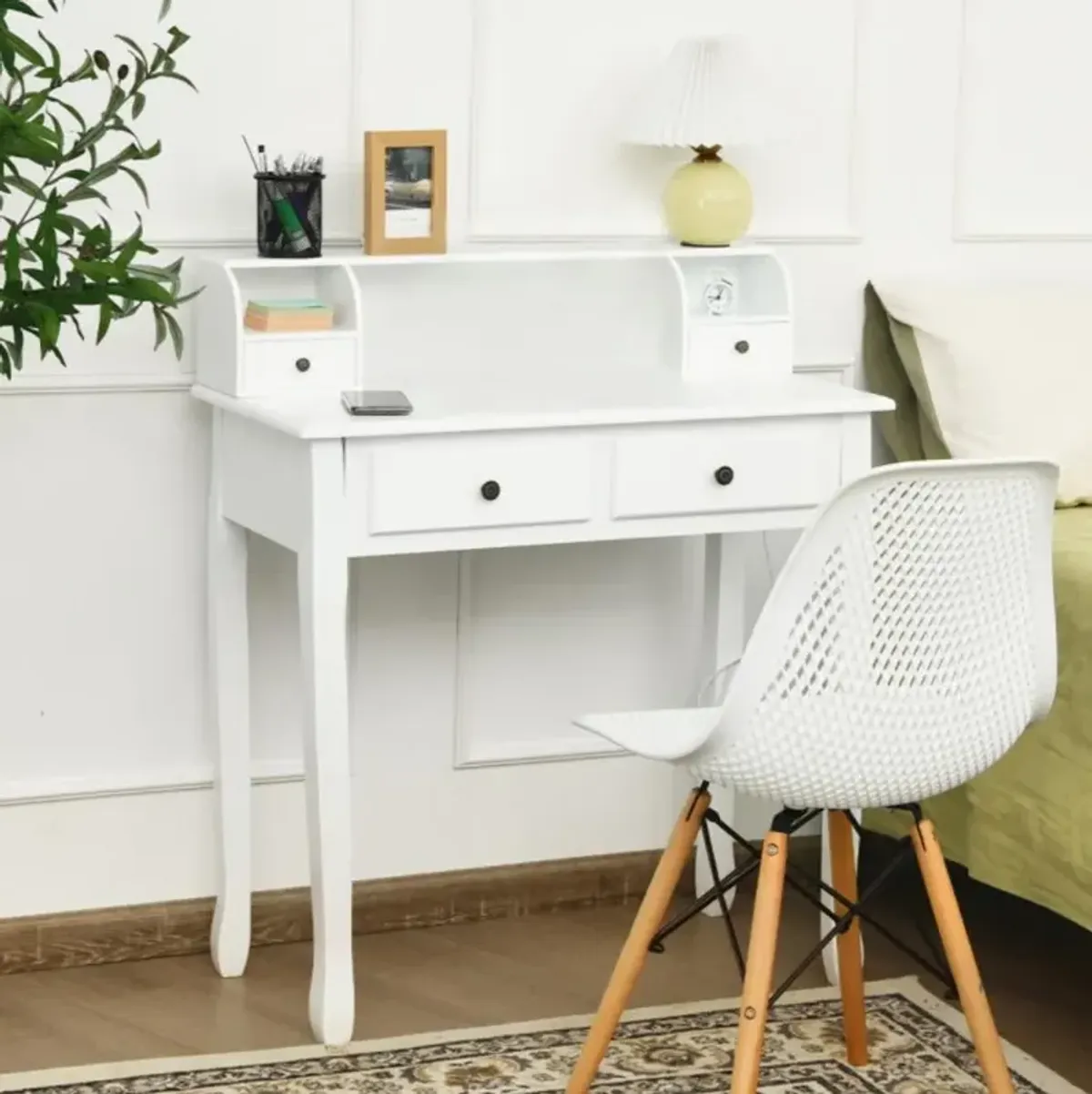 Hivvago Writing Desk 2-Tier Vanity Desk Computer Desk with 4 Drawers