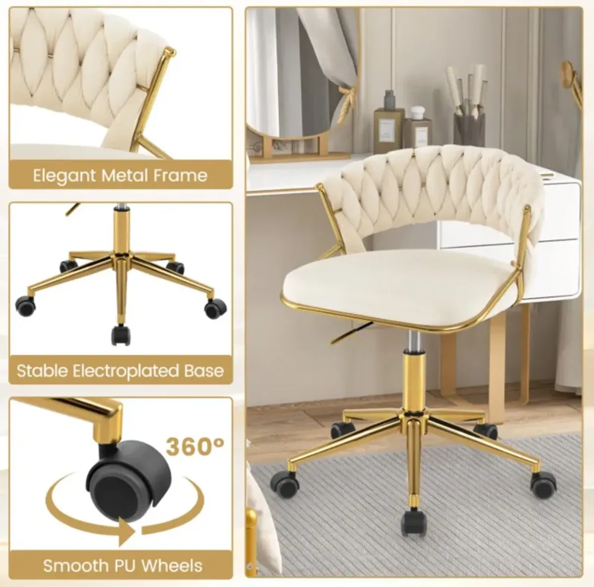 Hivvago 360° Height Adjustable Swivel Upholstered Desk Computer Chair with Hand-woven Back