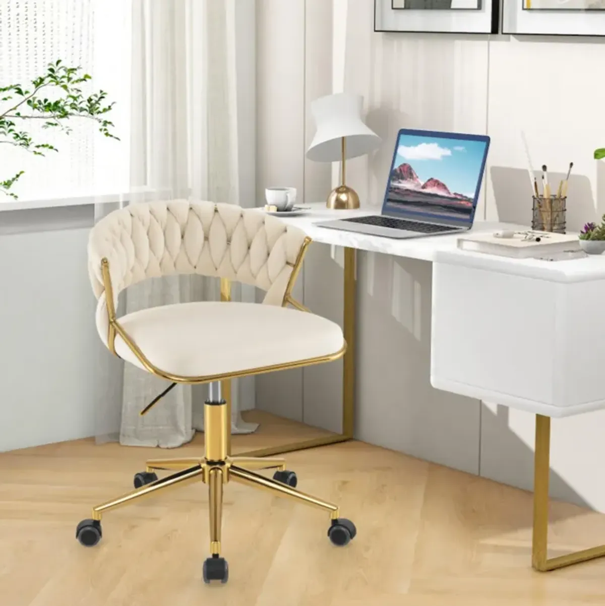 Hivvago 360° Height Adjustable Swivel Upholstered Desk Computer Chair with Hand-woven Back