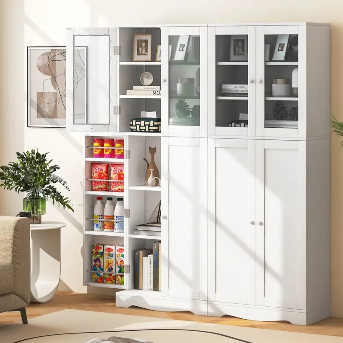 Tall Kitchen Pantry Cabinet with Dual Tempered Glass Doors and Shelves