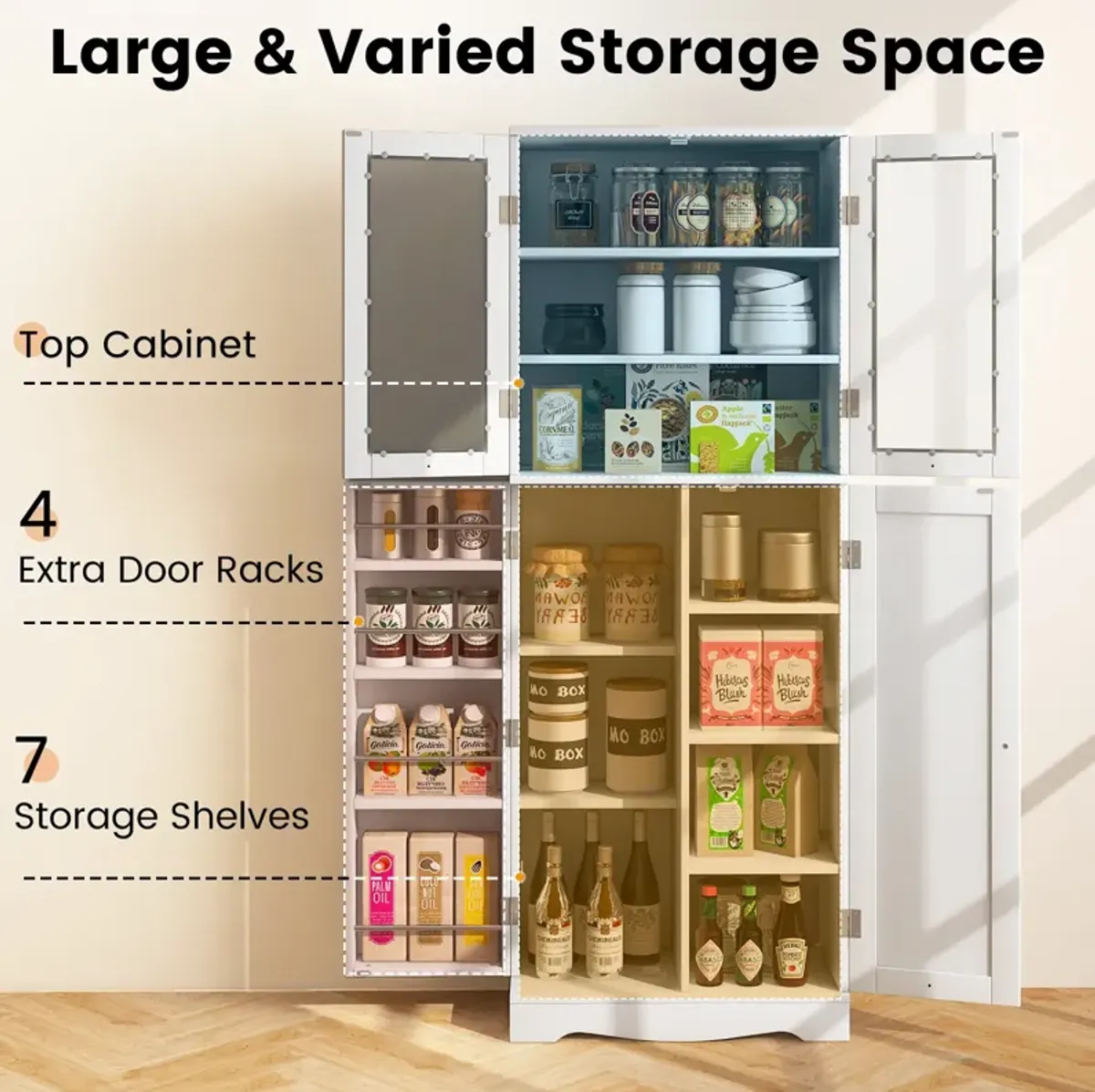 Tall Kitchen Pantry Cabinet with Dual Tempered Glass Doors and Shelves