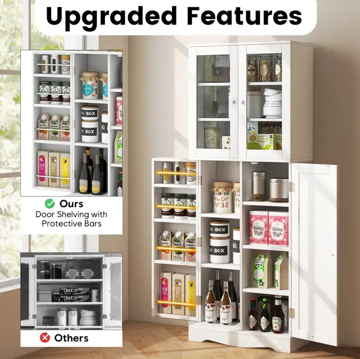 Tall Kitchen Pantry Cabinet with Dual Tempered Glass Doors and Shelves