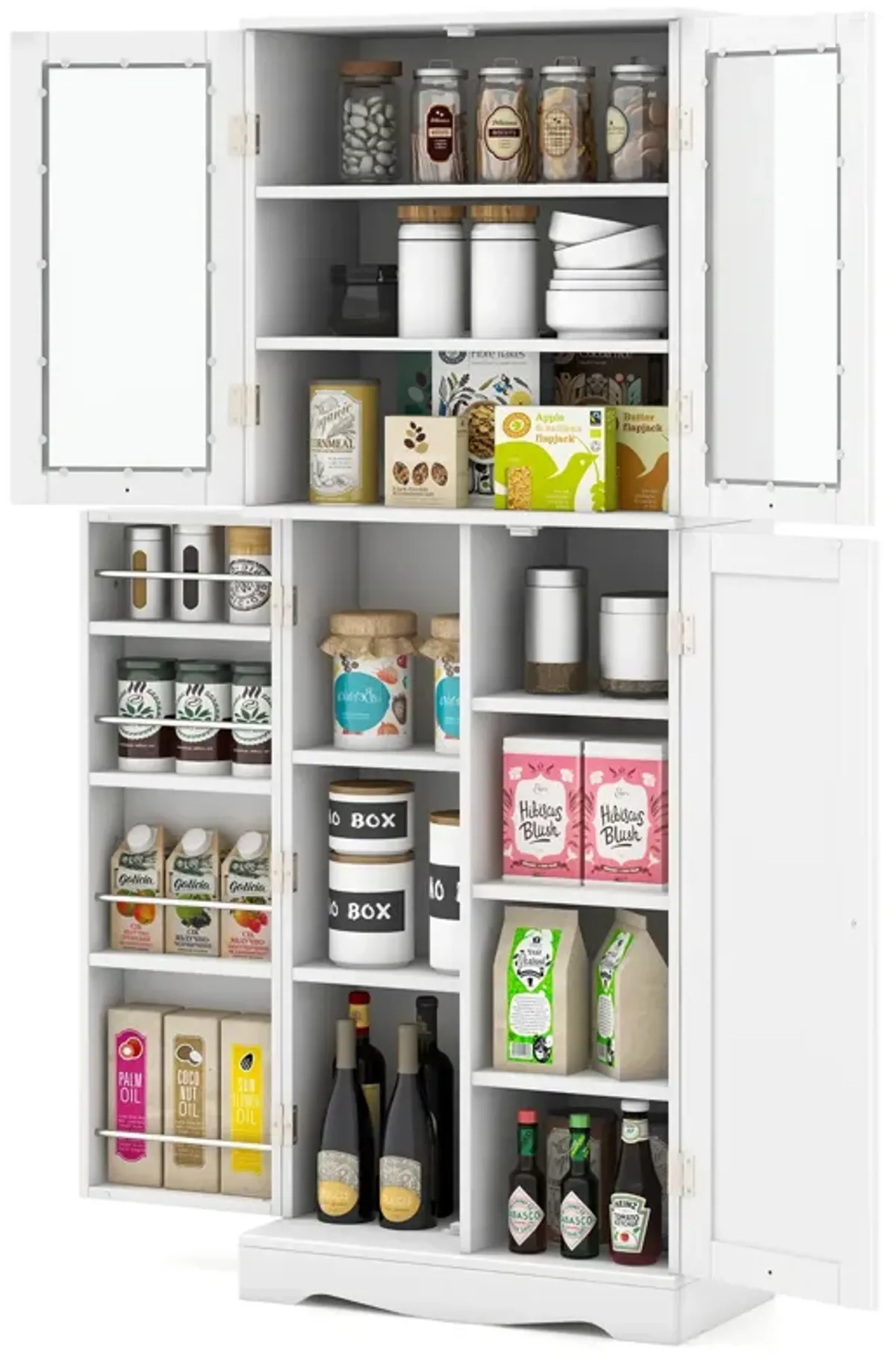 Tall Kitchen Pantry Cabinet with Dual Tempered Glass Doors and Shelves