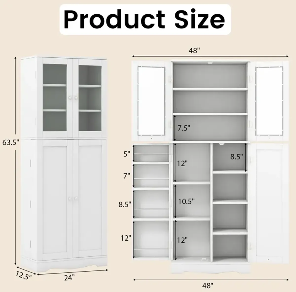 Tall Kitchen Pantry Cabinet with Dual Tempered Glass Doors and Shelves