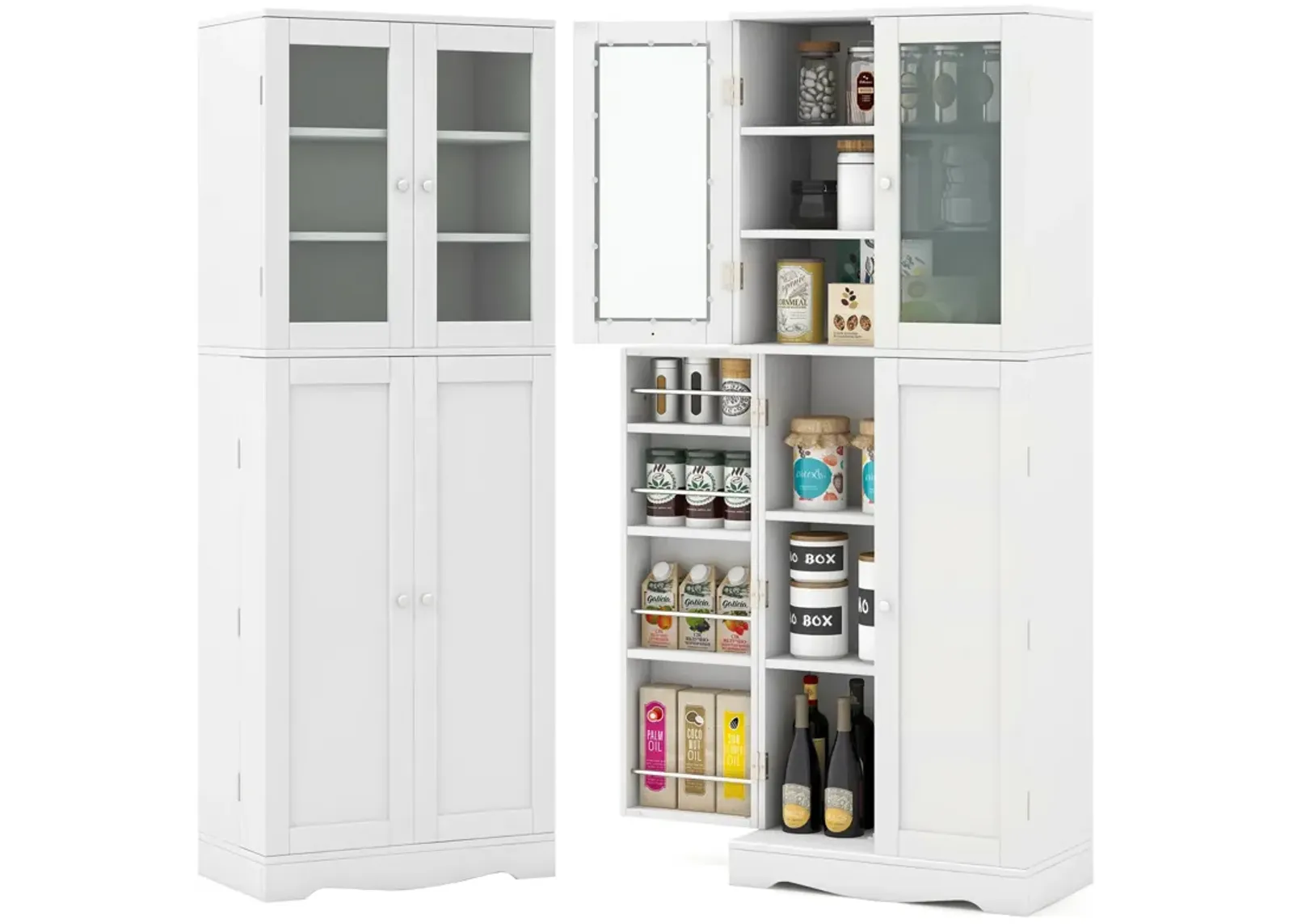 Tall Kitchen Pantry Cabinet with Dual Tempered Glass Doors and Shelves