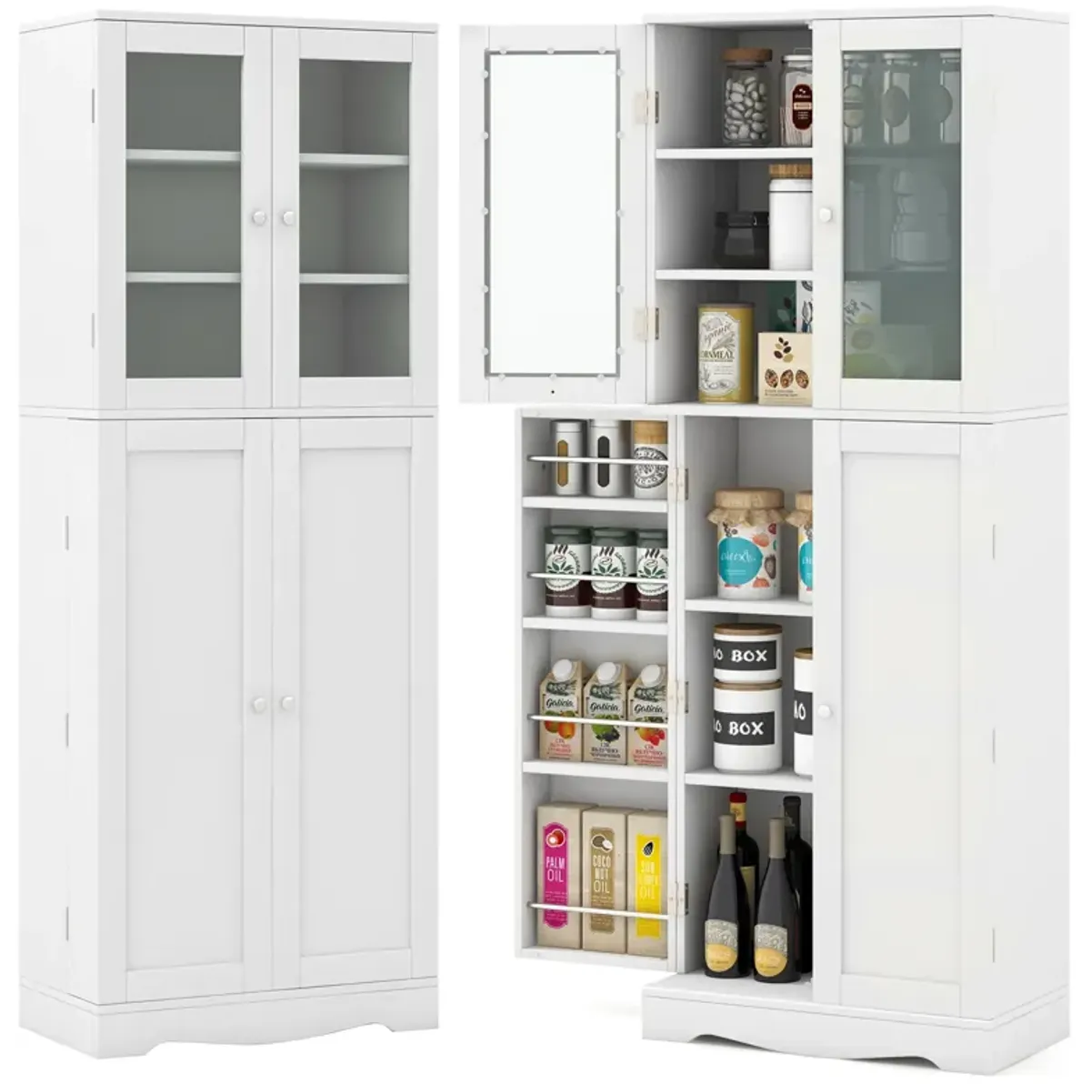 Tall Kitchen Pantry Cabinet with Dual Tempered Glass Doors and Shelves