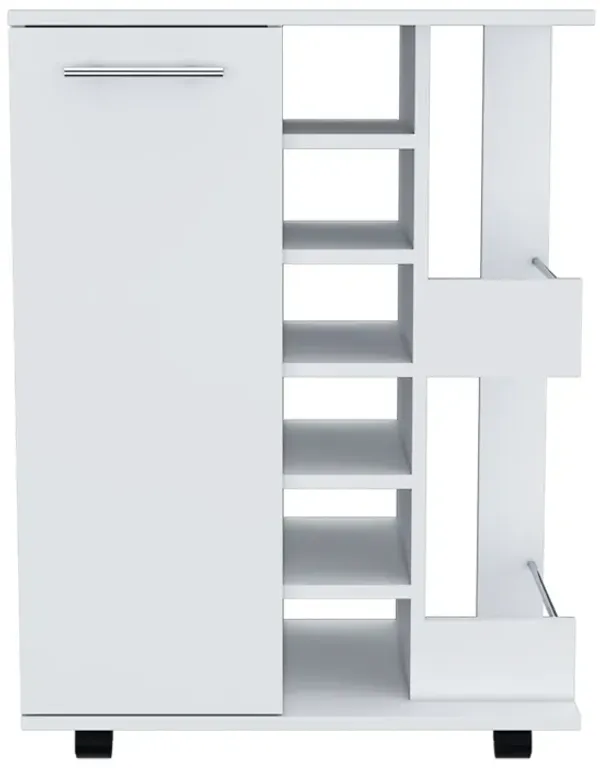 DEPOT E-SHOP Magda Bar Cart, Four Casters, Six Built-in Wine Rack, Single Door Cabinet, Two External Shelves, White