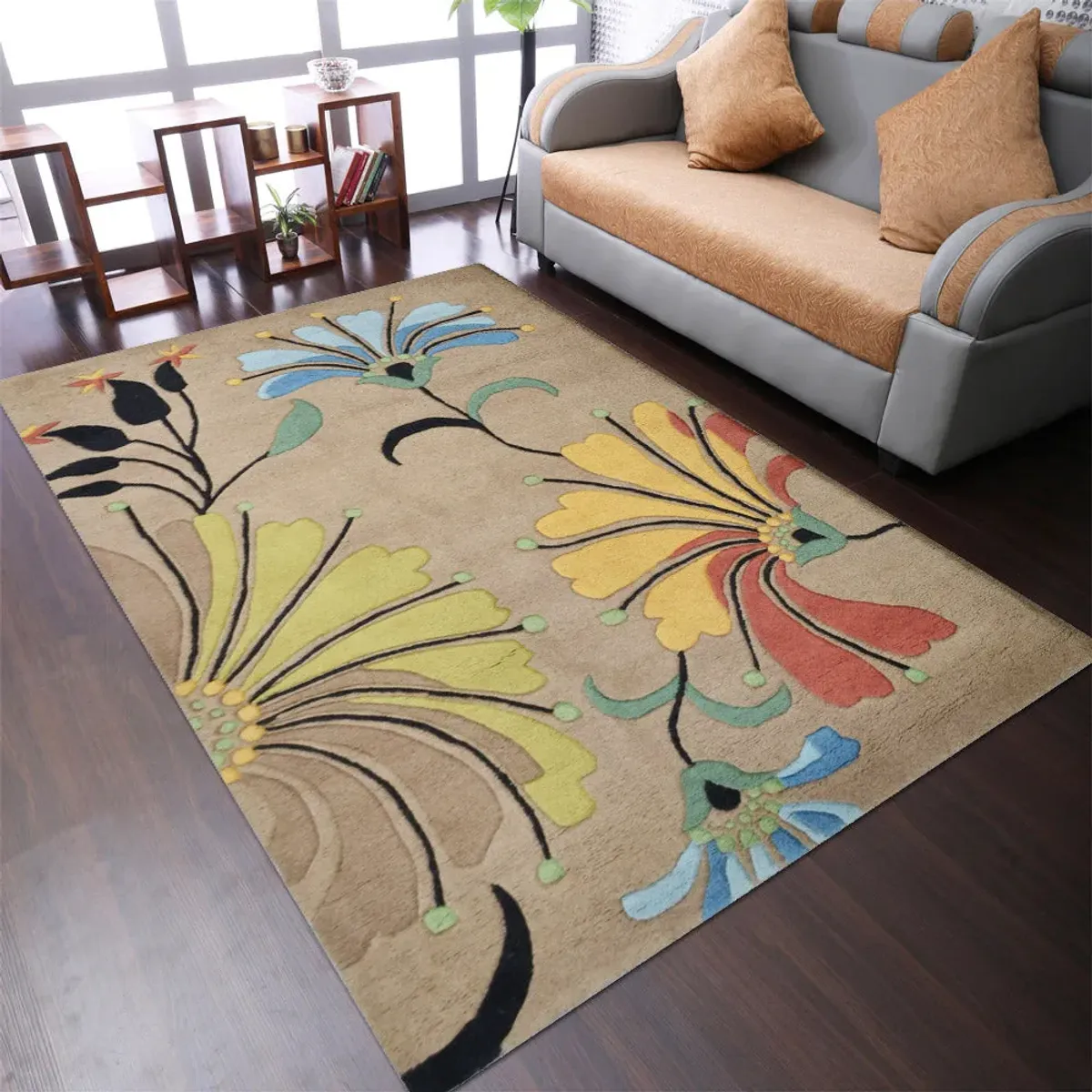 RUGSOTIC CARPETS HAND TUFTED WOOL ECO-FRIENDLY AREA RUGS  - 5'x8', Rectangle Shape, Camel, Floral Modern Design, High Pile Thick Handmade Anti Skid Area Rugs for Living Room, Bed Room (K00219)