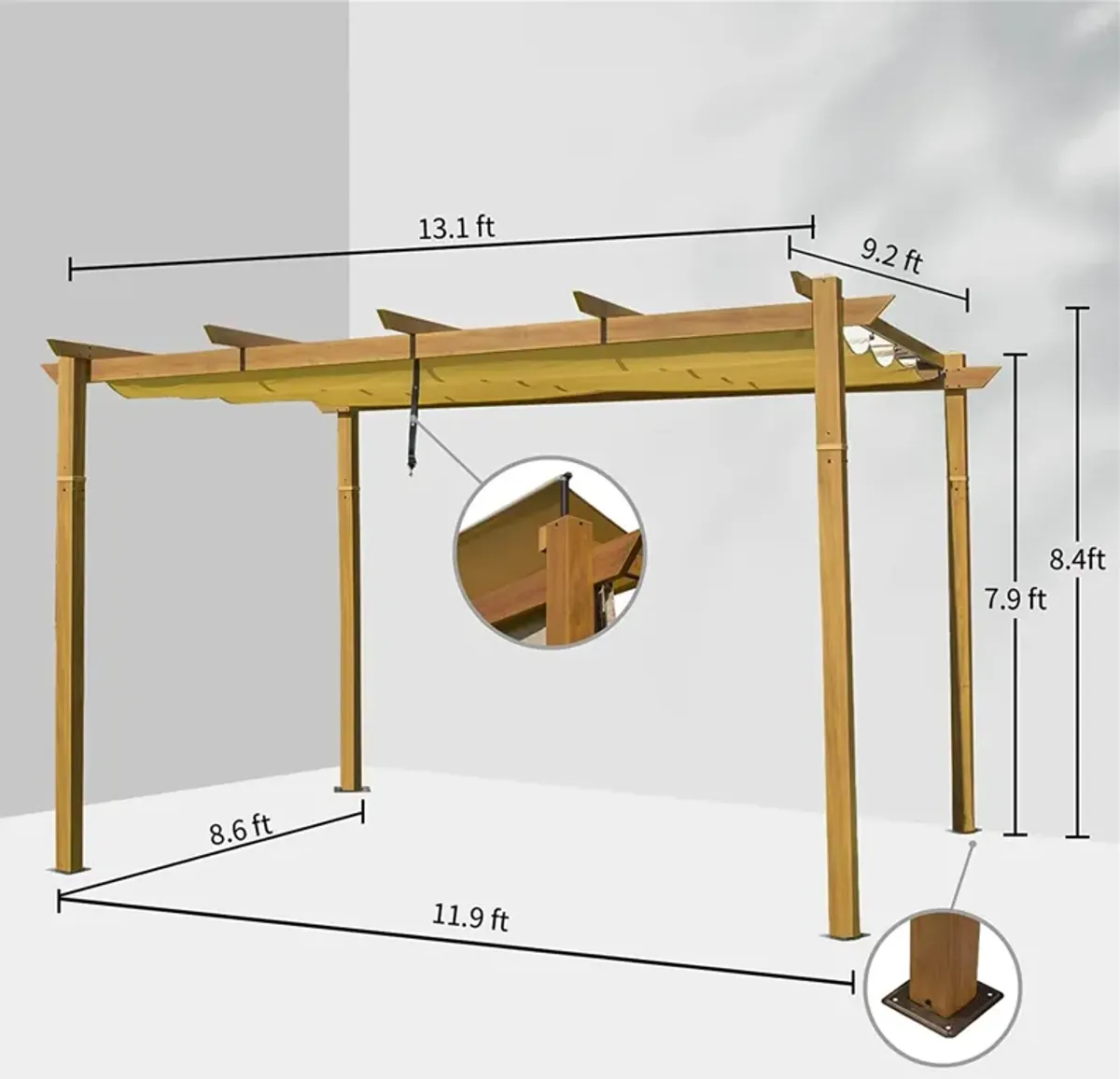 MONDAWE 13 ft. x 9 ft. Yellow Brown Outdoor Patio Gazebo Aluminium Frame Trellis Grape Pergola with Retractable Shade Canopy