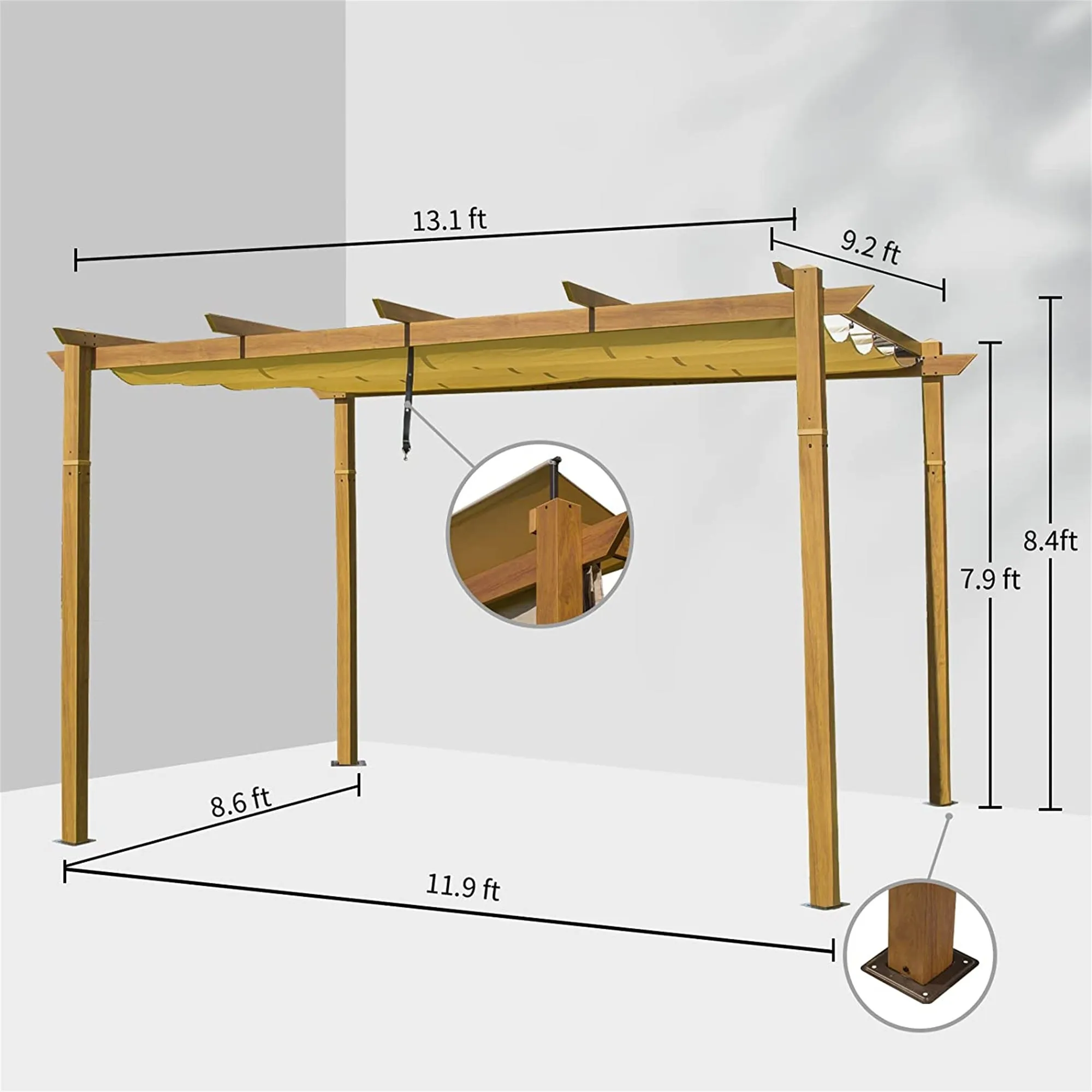 MONDAWE 13 ft. x 9 ft. Yellow Brown Outdoor Patio Gazebo Aluminium Frame Trellis Grape Pergola with Retractable Shade Canopy