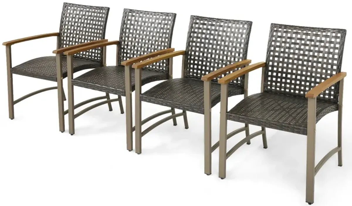 Set of 4 Patio Rattan Dining Chairs with Acacia Wood Armrests-Set of 4