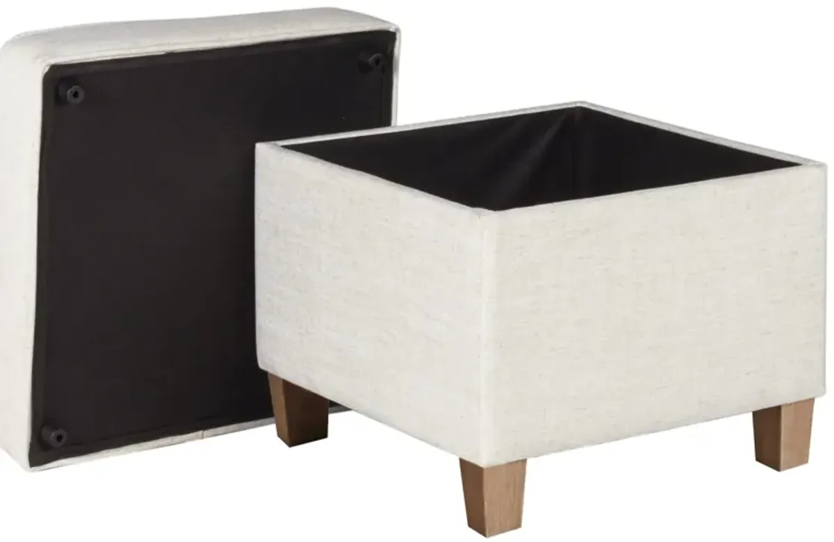 Square Shape Fabric Upholstered Ottoman with Lift Off Top and Wooden Tapered Feet, White and Brown - Benzara