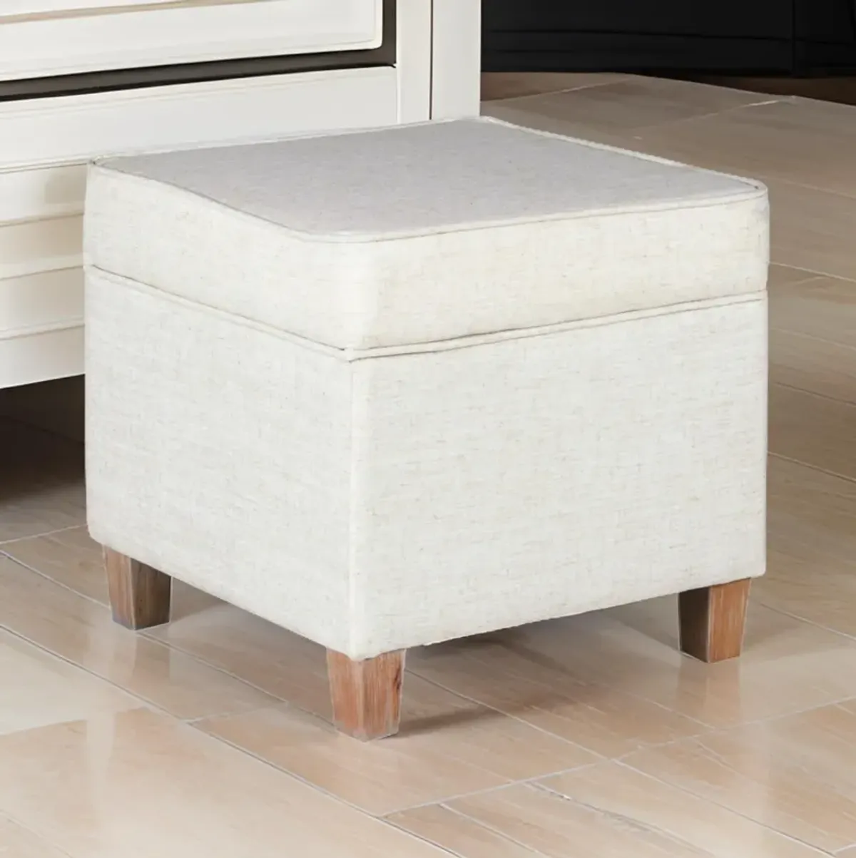 Square Shape Fabric Upholstered Ottoman with Lift Off Top and Wooden Tapered Feet, White and Brown - Benzara