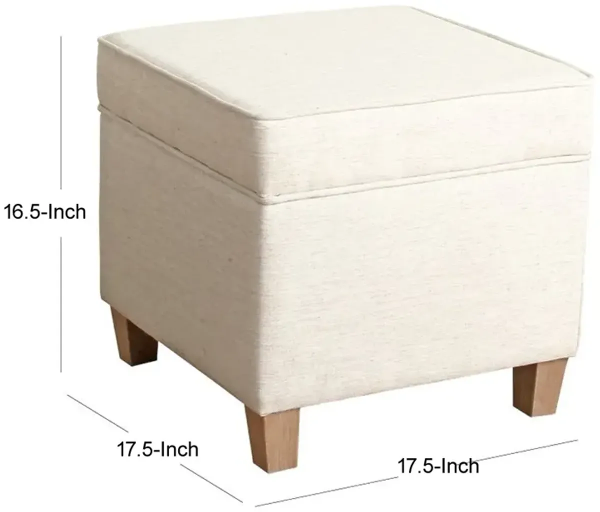 Square Shape Fabric Upholstered Ottoman with Lift Off Top and Wooden Tapered Feet, White and Brown - Benzara