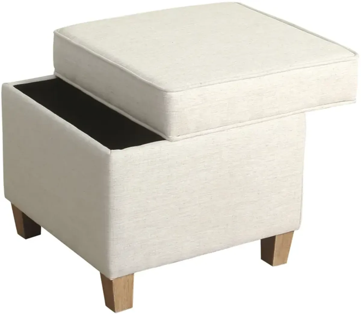 Square Shape Fabric Upholstered Ottoman with Lift Off Top and Wooden Tapered Feet, White and Brown - Benzara