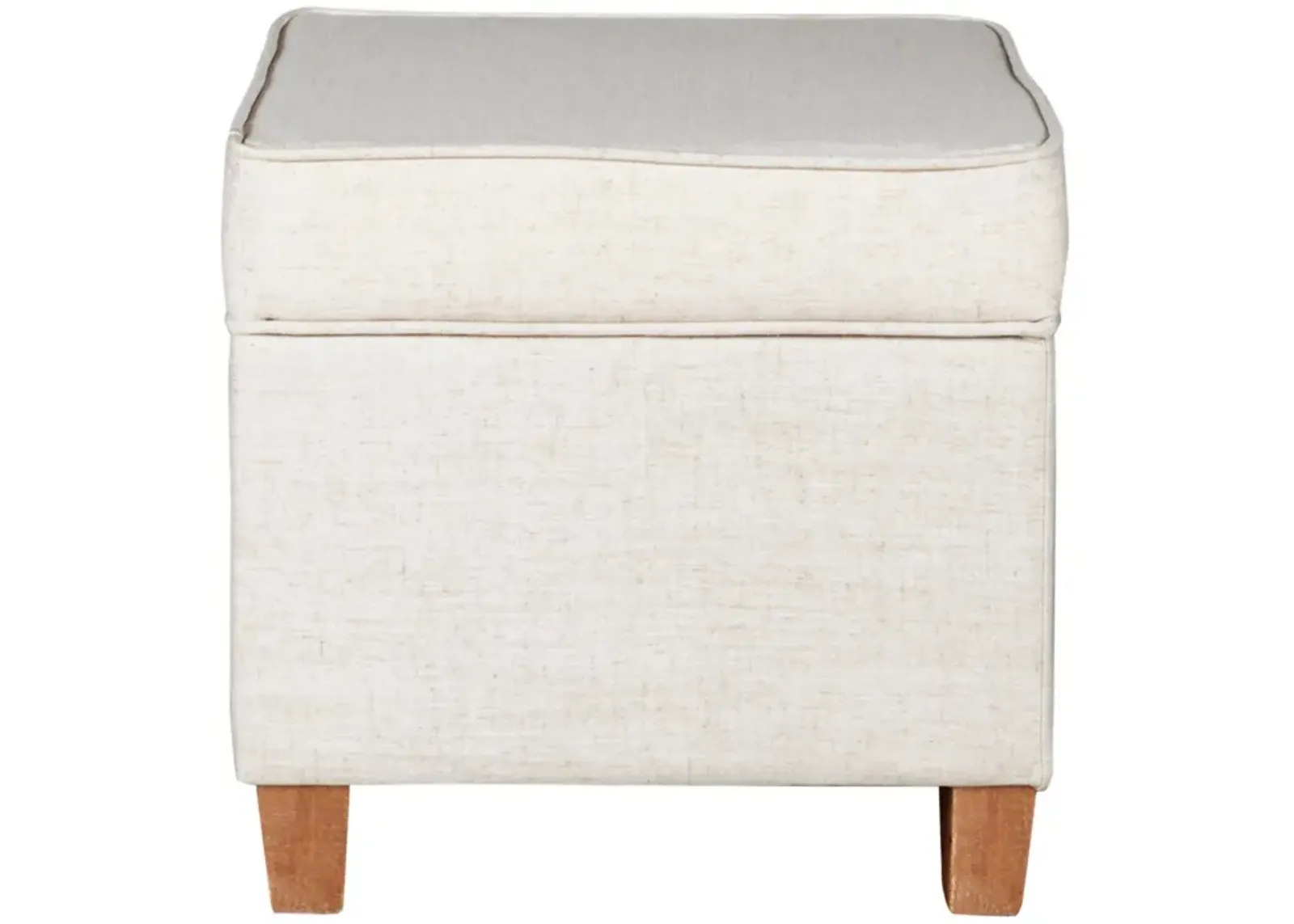 Square Shape Fabric Upholstered Ottoman with Lift Off Top and Wooden Tapered Feet, White and Brown - Benzara