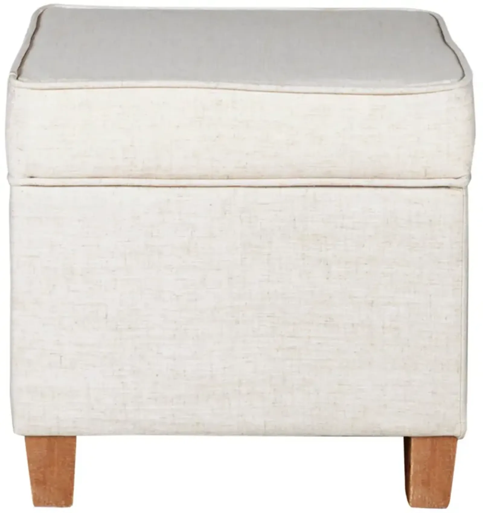 Square Shape Fabric Upholstered Ottoman with Lift Off Top and Wooden Tapered Feet, White and Brown - Benzara