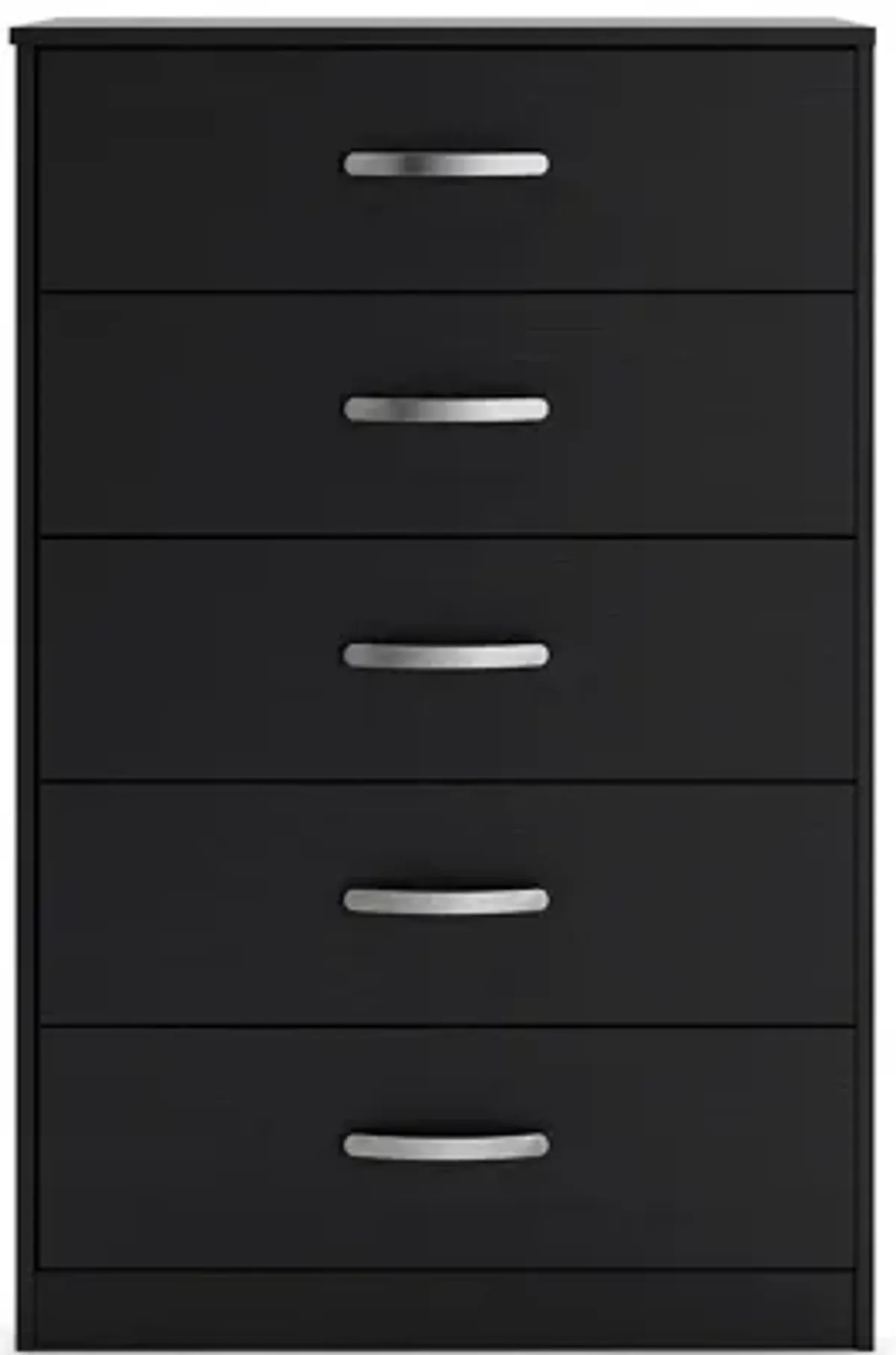 Finny Tall Dresser Chest, 5 Drawer, Matte Black, Silver Metal, 46 Inch - Benzara