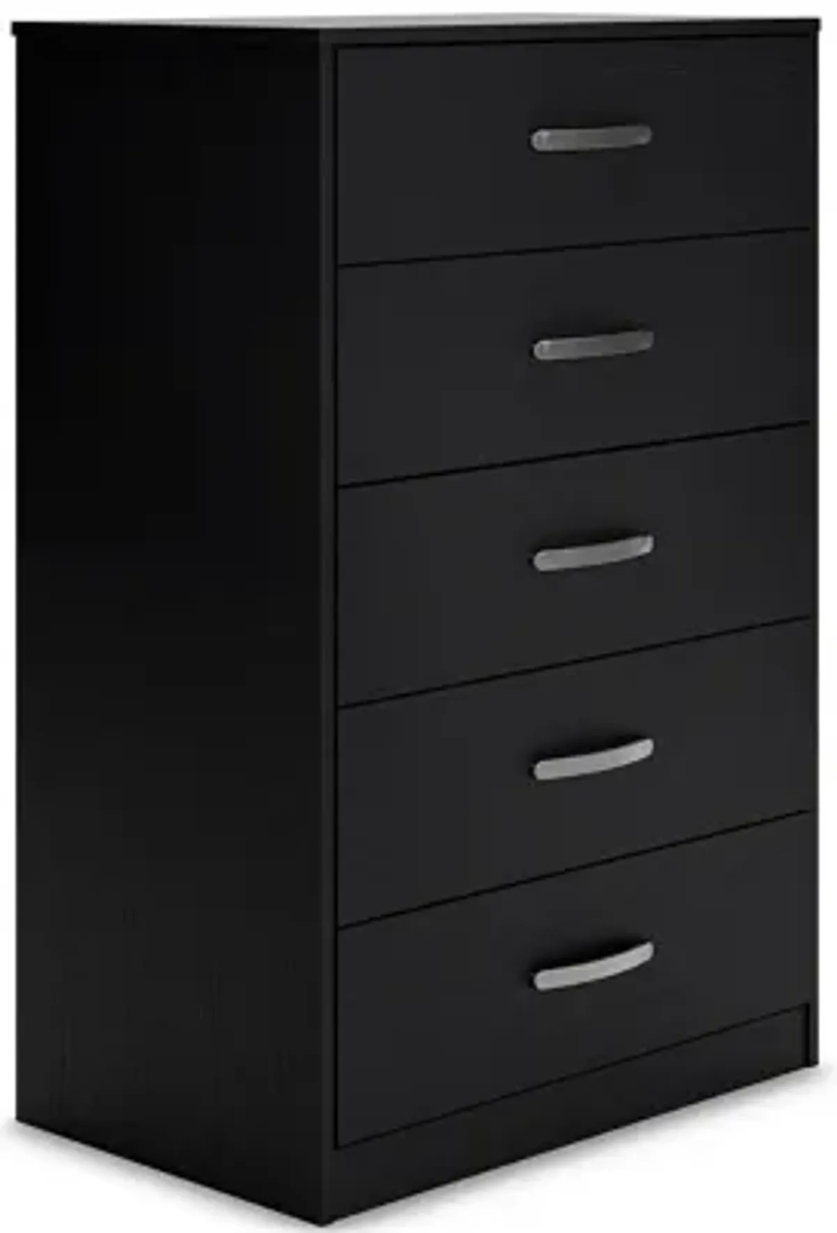 Finny Tall Dresser Chest, 5 Drawer, Matte Black, Silver Metal, 46 Inch - Benzara