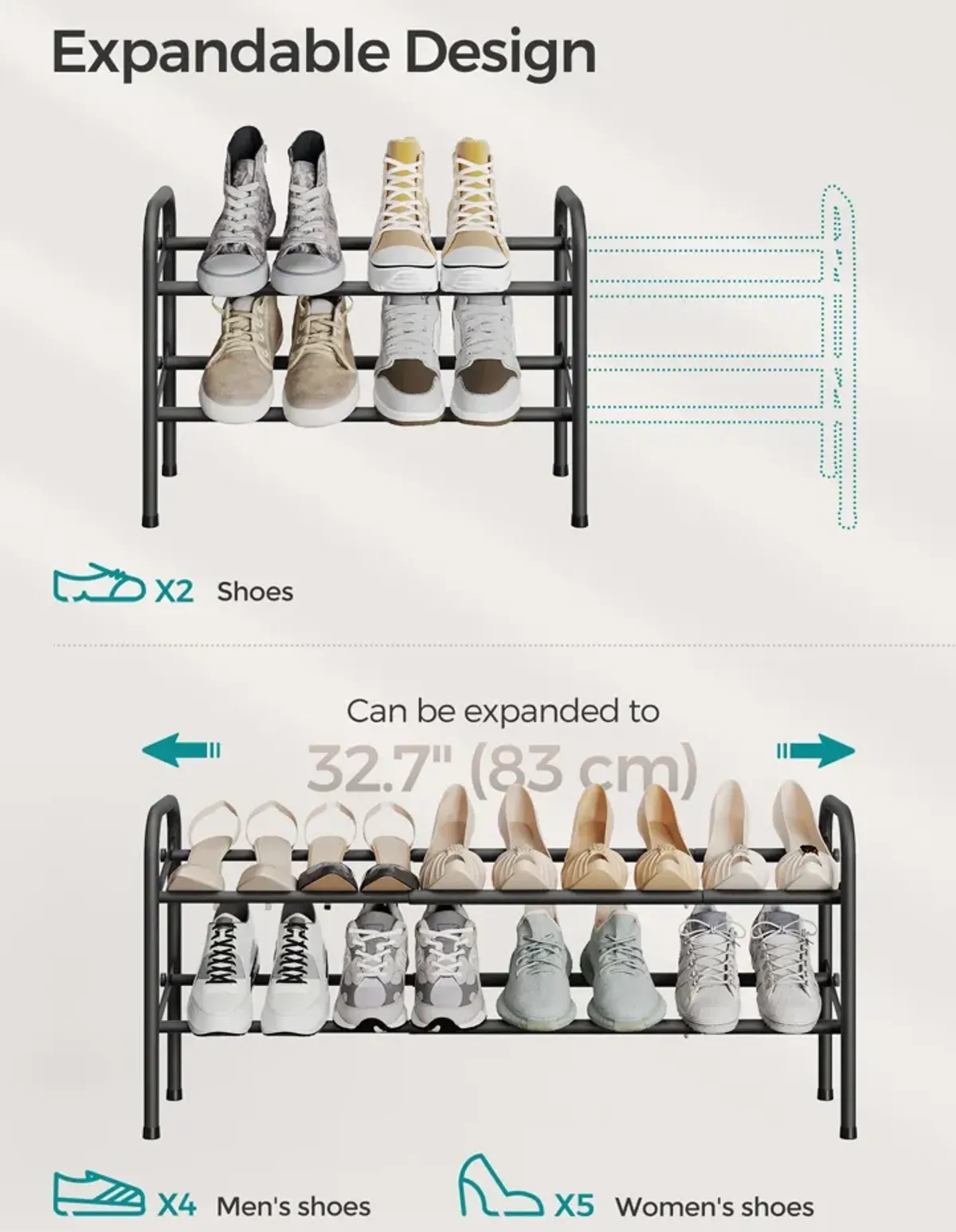 2-Tier Durable Metal Shoe Rack Organizer with Space-Saving Design for Shoes and Storage