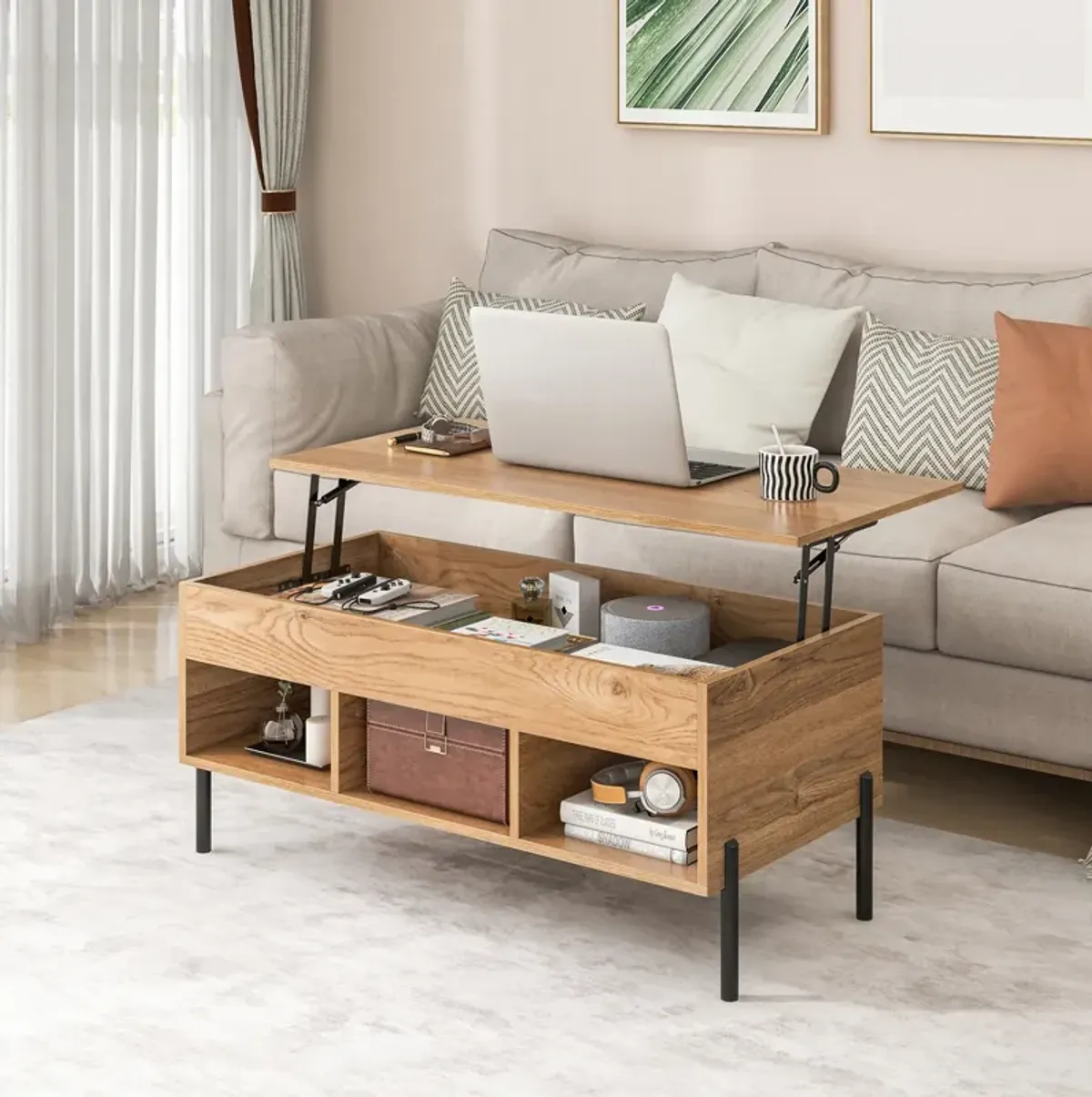 Living Room Central Table with Lifting Tabletop and Metal Legs-Natural