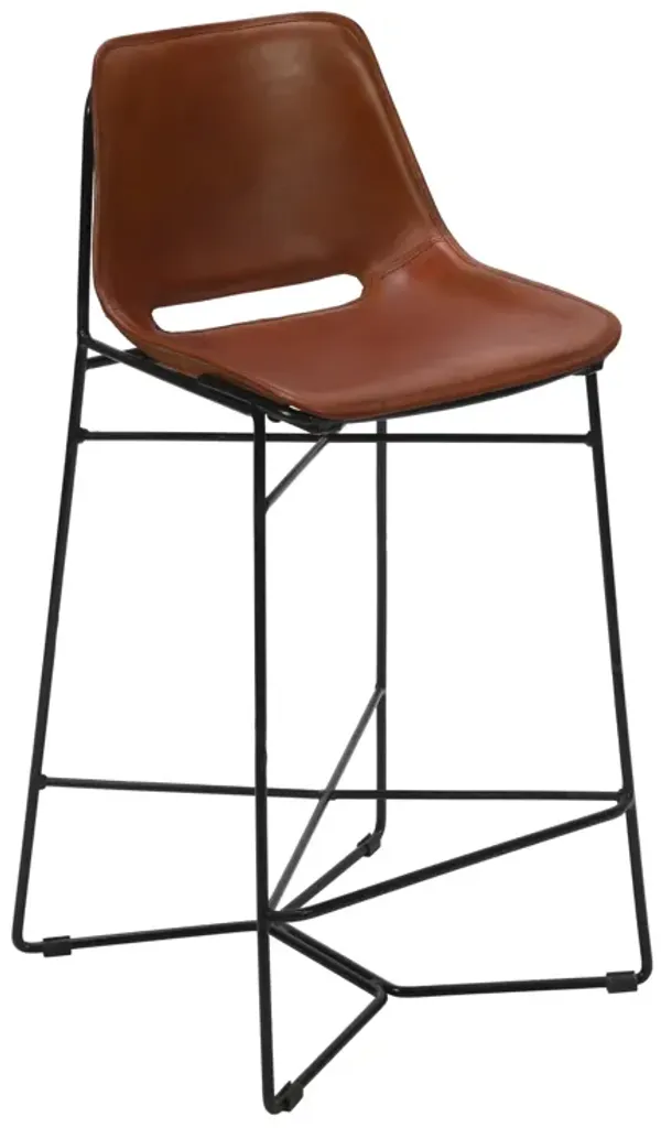29 Inch Bar Height Chair, Curved Seat, Genuine Leather, Metal Frame, Tan Brown, Black-Benzara