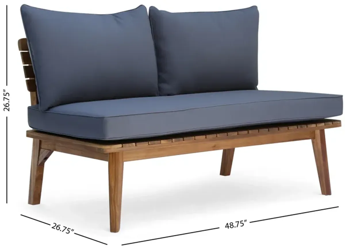 Almo Outdoor Loveseat Bench, Gray Fabric, 49 Inch Brown Acacia Wood - Benzara