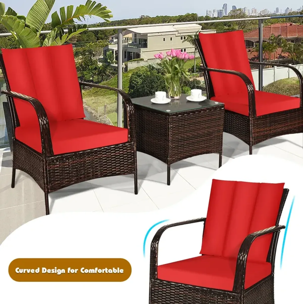 3 Pcs Patio Conversation Rattan Furniture Set with Glass Top Coffee Table and Cushions