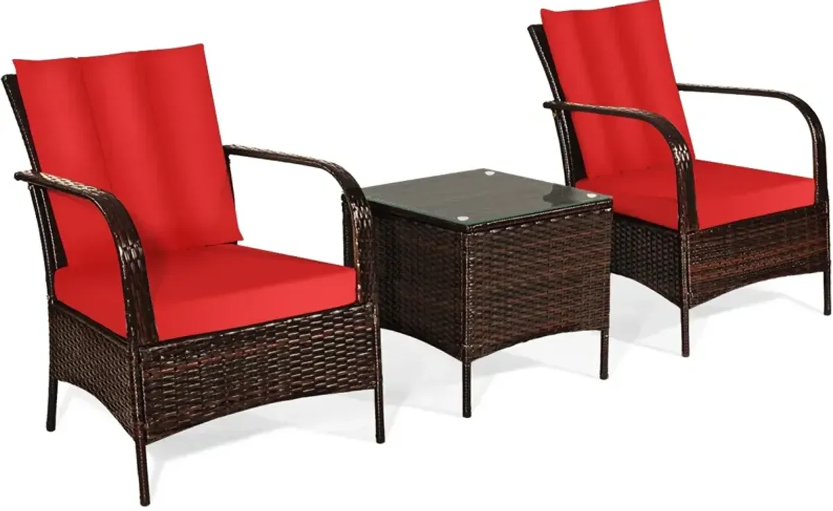 3 Pcs Patio Conversation Rattan Furniture Set with Glass Top Coffee Table and Cushions