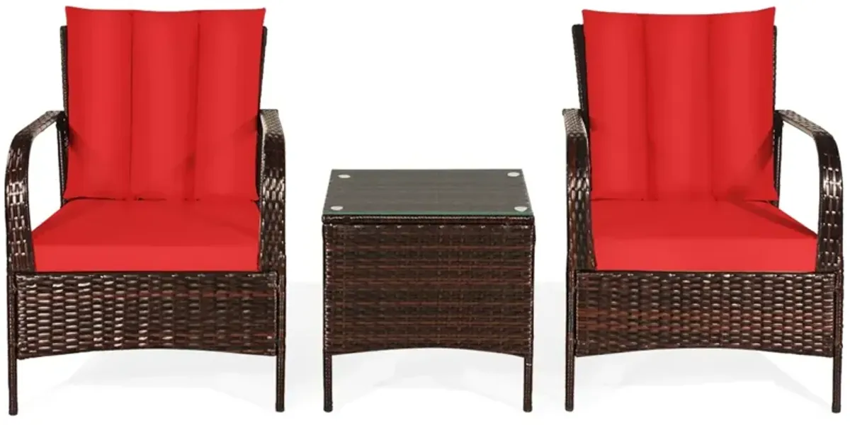 3 Pcs Patio Conversation Rattan Furniture Set with Glass Top Coffee Table and Cushions