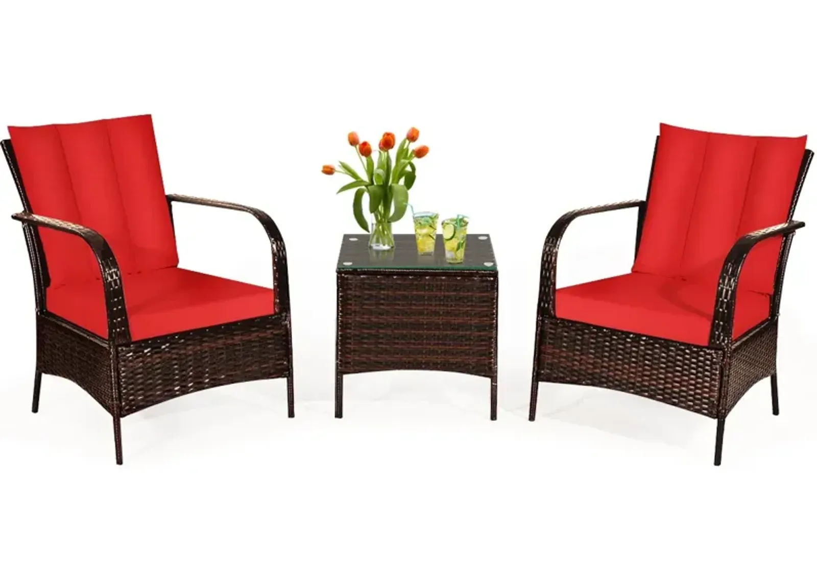 3 Pcs Patio Conversation Rattan Furniture Set with Glass Top Coffee Table and Cushions