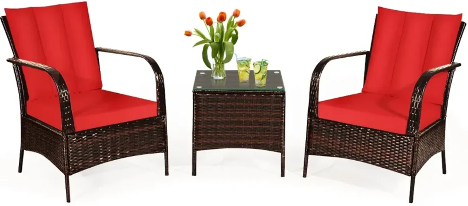 3 Pcs Patio Conversation Rattan Furniture Set with Glass Top Coffee Table and Cushions