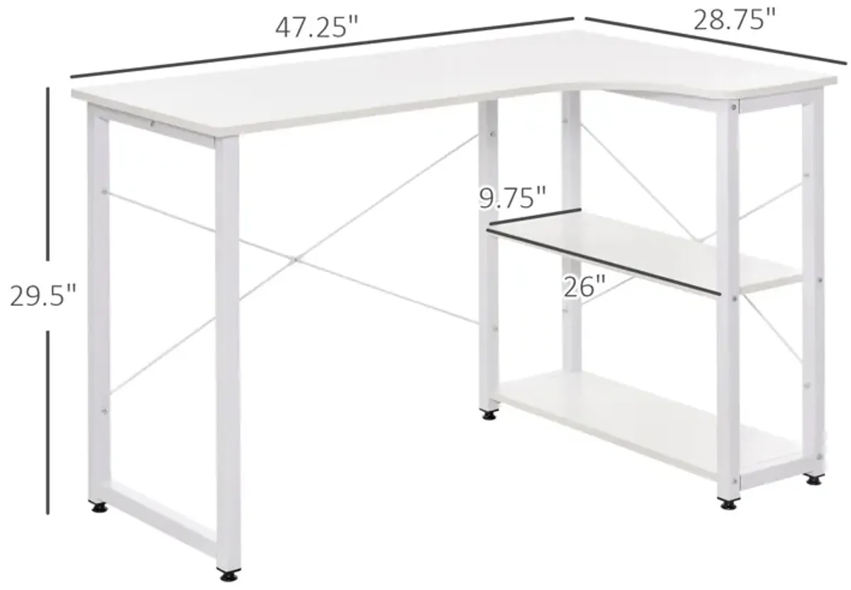 White Corner Workstation: L-Shaped Desk with Wide Top and Side Shelves