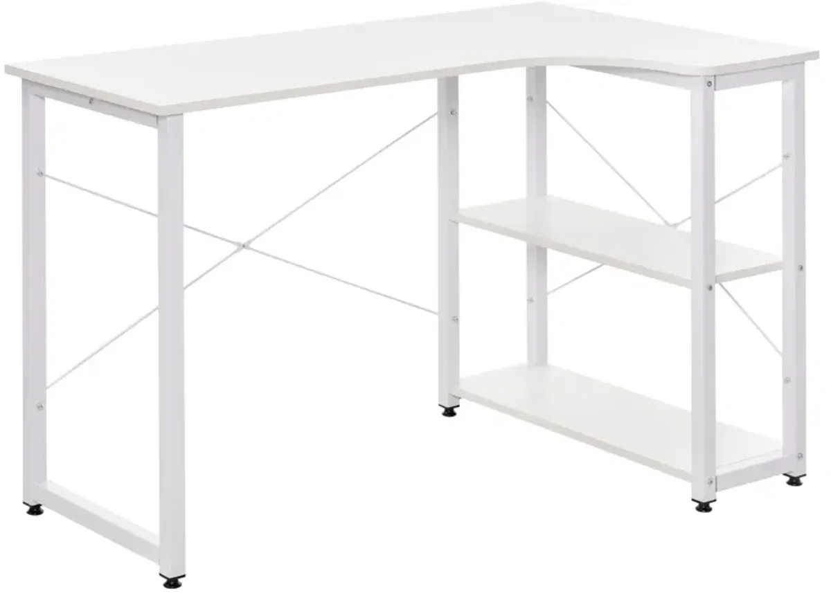 White Corner Workstation: L-Shaped Desk with Wide Top and Side Shelves