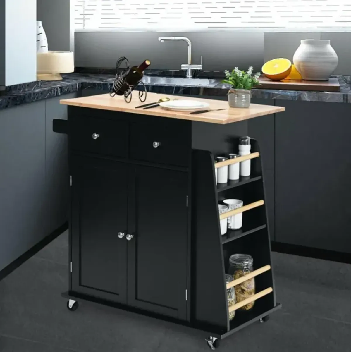 Hivvago Rubber Wood Countertop Rolling Kitchen Island Cart