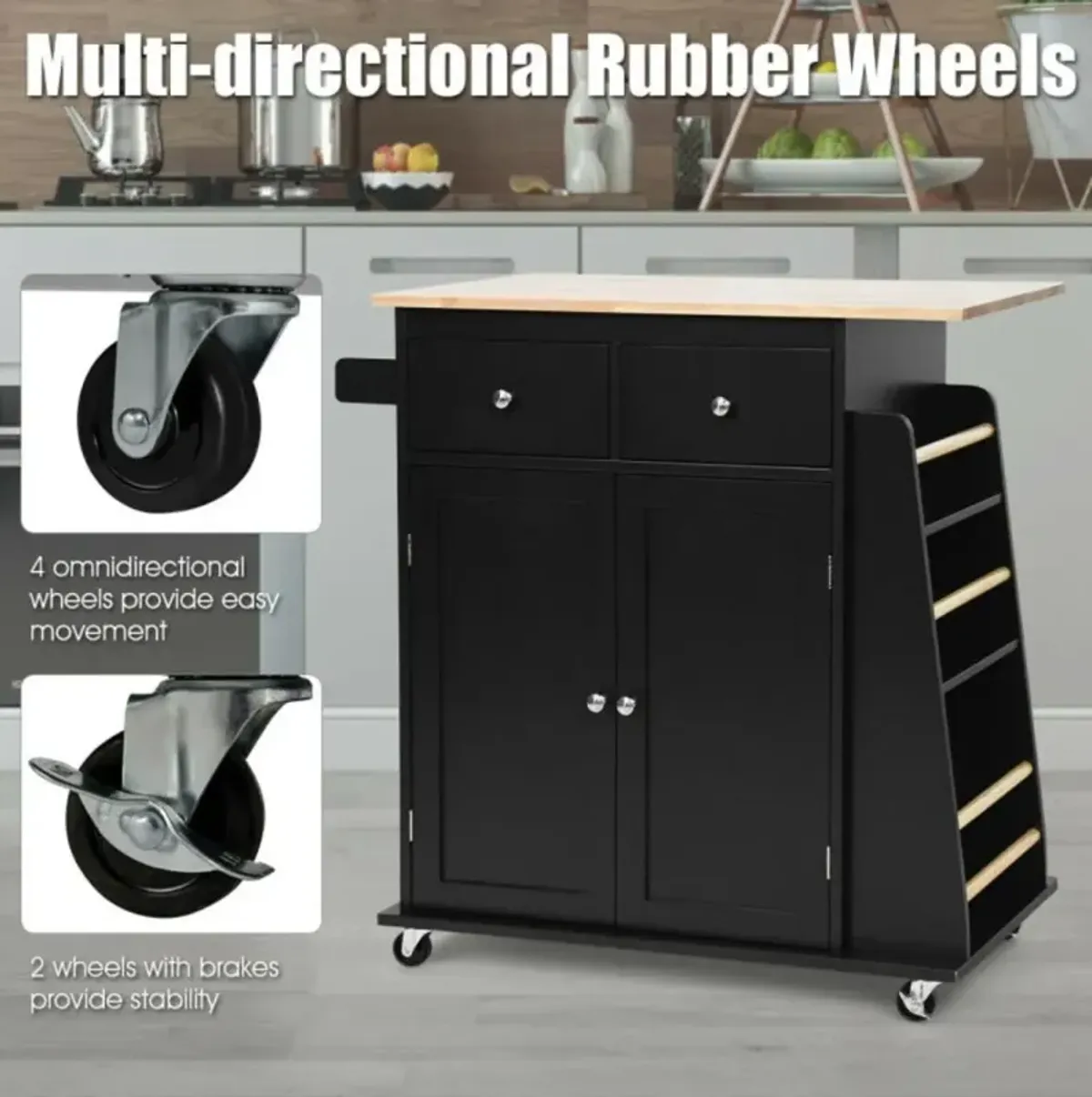 Hivvago Rubber Wood Countertop Rolling Kitchen Island Cart