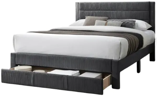 Heo Queen Size Bed w Storage Drawer, Dark Gray Corduroy Upholstery - Benzara