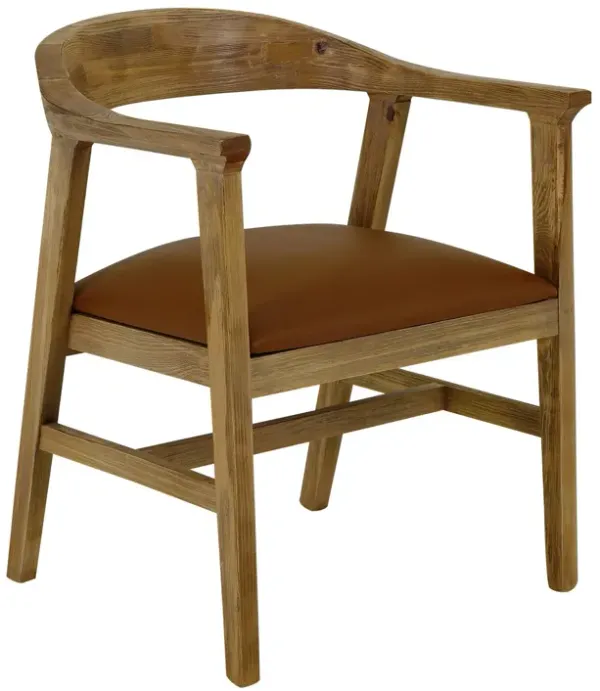 Asic 25 Inch Dining Chair, Vinyl Fabric Seat, Curved Back, Brown Pine Wood - Benzara